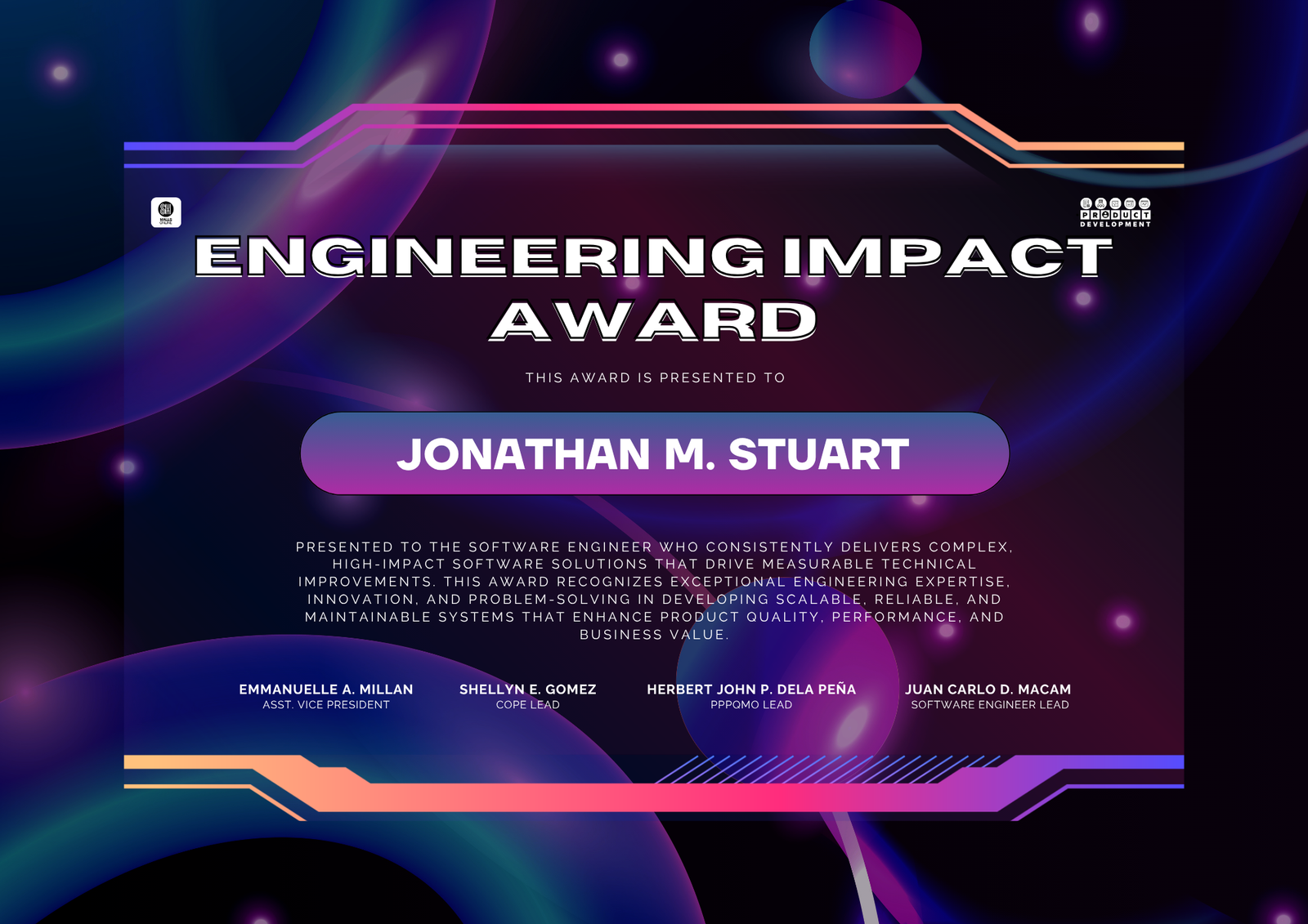 Engineering Impact Award certificate presented to Jonathan M. Stuart